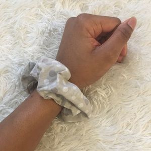 Gray scrunchie with dark gray and white polka dots